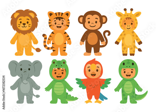 Children in adorable animal costumes including lion, tiger, monkey, giraffe, elephant, crocodile, parrot, dinosaur