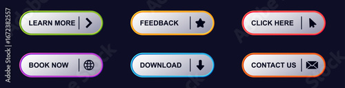 Set of digital buttons featuring words and icons to boost user experience in online platforms.