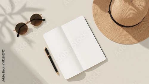 Summer planning with a notebook, pen, sunglasses, and straw hat in the sunlight. Ready for vacation!