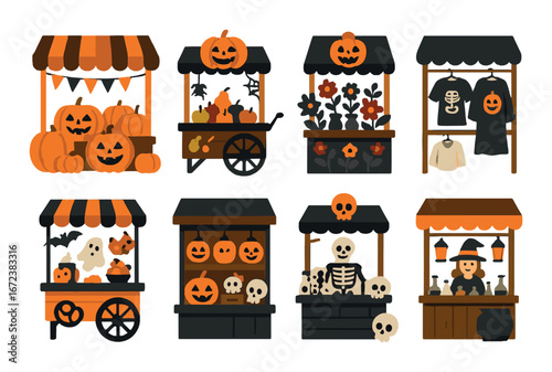 Halloween market stalls with pumpkins, skeletons, and witch displays in festive decorations