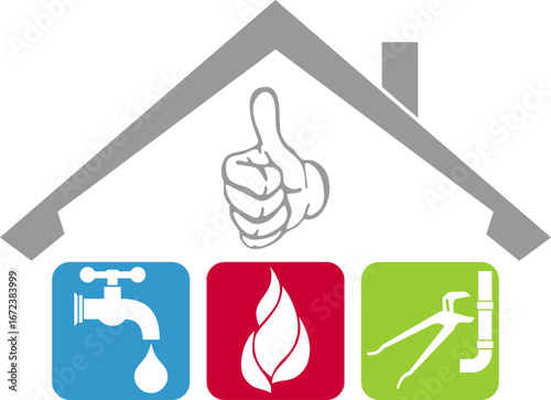 Haus, Wasserhahn, Rohrzange, Flamme, Klempner und Installateur, Logo, Hintergrund