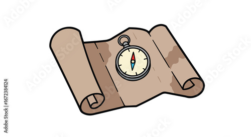 Navigating Direction Compass Placed on Scroll with Old Map Texture on White