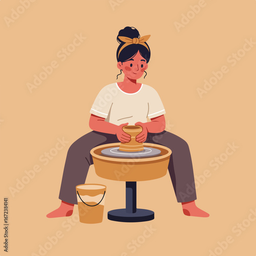Woman Shaping Clay On Potter's Wheel In Studio (Illustration, Flat Design)