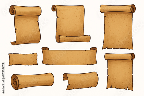 Vector Illustration of Vintage Parchment Scrolls Set with Torn Edges and Medieval Style