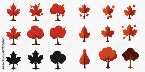 Collection of autumnal tree and leaf illustrations in various styles and colors.