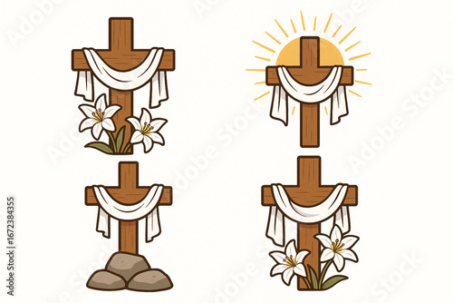 Vector Illustration of Christian Crosses with White Cloth and Easter Lilies Symbolizing Resurrection