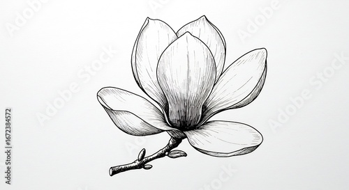 繊細な線で描く白く優雅なマグノリアの花 精密描写 白黒