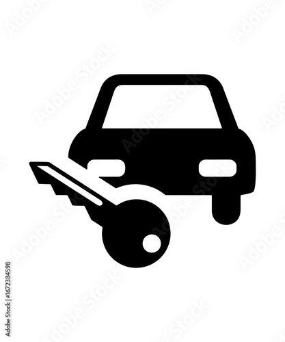 Car Rental Services Depicted by Vehicle and Key Symbol for Transportation or Automotive Industries and Related Businesses Representing Ownership