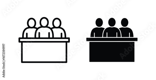 WebJury deliberation in court decisions, presenting panel of three, icon of team behind desk, legal process in action, representing group dynamics and decision making in a court of law
