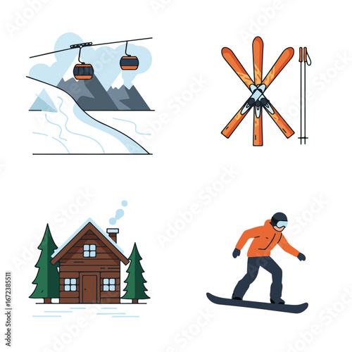 Winter Activities And Scenery - Cabin, Skiing, Gondola Lift, Snowboarding