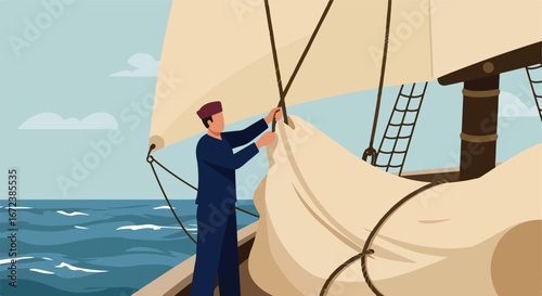 Sailor Adjusting Sail on a Ship at Sea