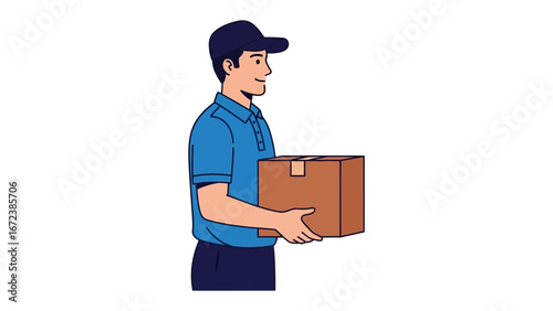 Swift Delivery: A courteous delivery person, expertly holding a package, epitomizes efficiency and reliability. Delivering goods efficiently and quickly.