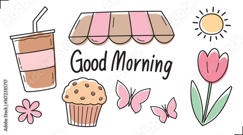 cute hand drawn line graphic element vector set in good morning at coffee shop concept