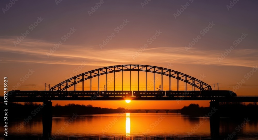 Naklejka premium Dramatic sunset over arch bridge reflected in water creating vibrant orange and yellow hues a serene evening landscape