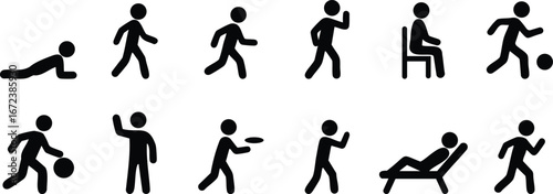 Stickman silhouette set showing various activities such as walking, running, crawling, sitting, and exercising in different poses