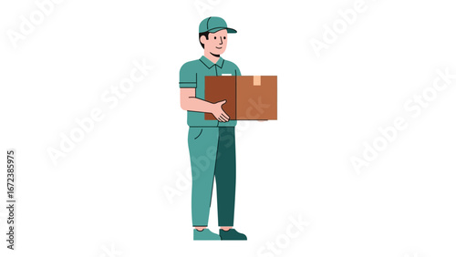 Delivery Professional Ready to Serve: An attentive delivery person, clad in a smart uniform and hat, clutches a cardboard box, exuding reliability and ready for service.