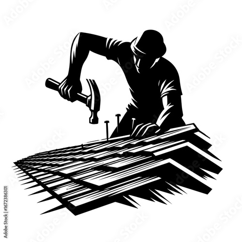 Roofer hammering on roof