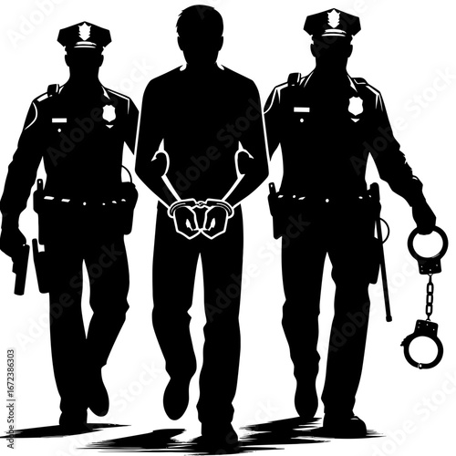 Police officers escorting detainee in silhouette