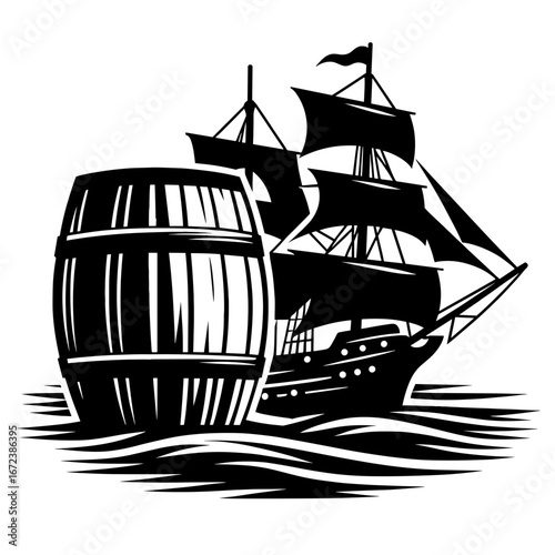 Black sailing ship with barrel in artistic style for maritime symbolism