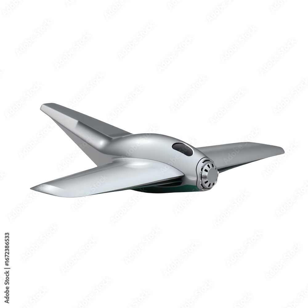 Obraz premium Sleek, futuristic aircraft design with streamlined silver body and teal accents, displayed against a striking black background.