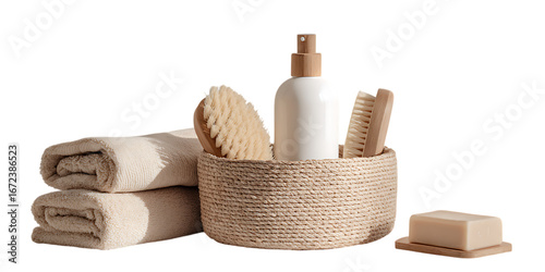 Spa products and towels in a beige basket.