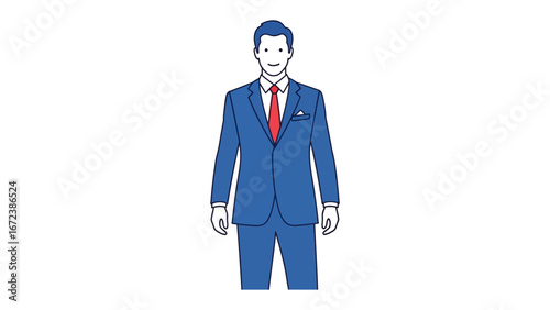 Business Attire: A sharply dressed individual, epitomizing business elegance, stands confidently in tailored blue suit, a red tie and pocket square adding a pop of color.