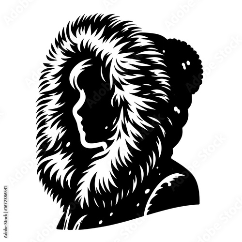 Silhouette of person wearing winter coat against plain background