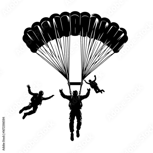Parachuters descending against white sky