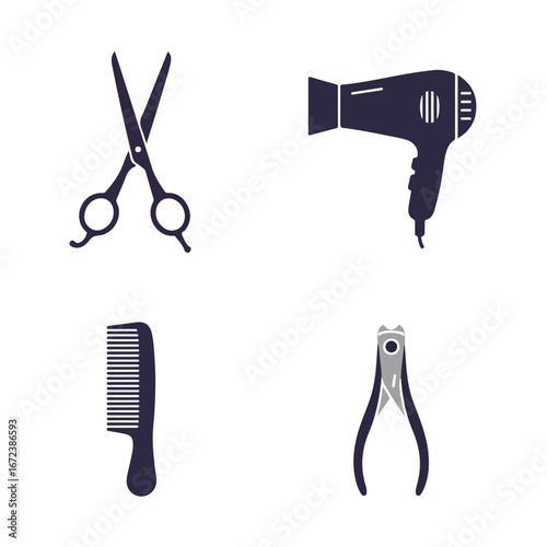 Hairdressing Tools Collection Scissors, Dryer, Comb, and Nail Clippers