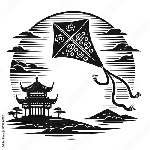 Traditional kite flying in black and white style representing Chinese culture