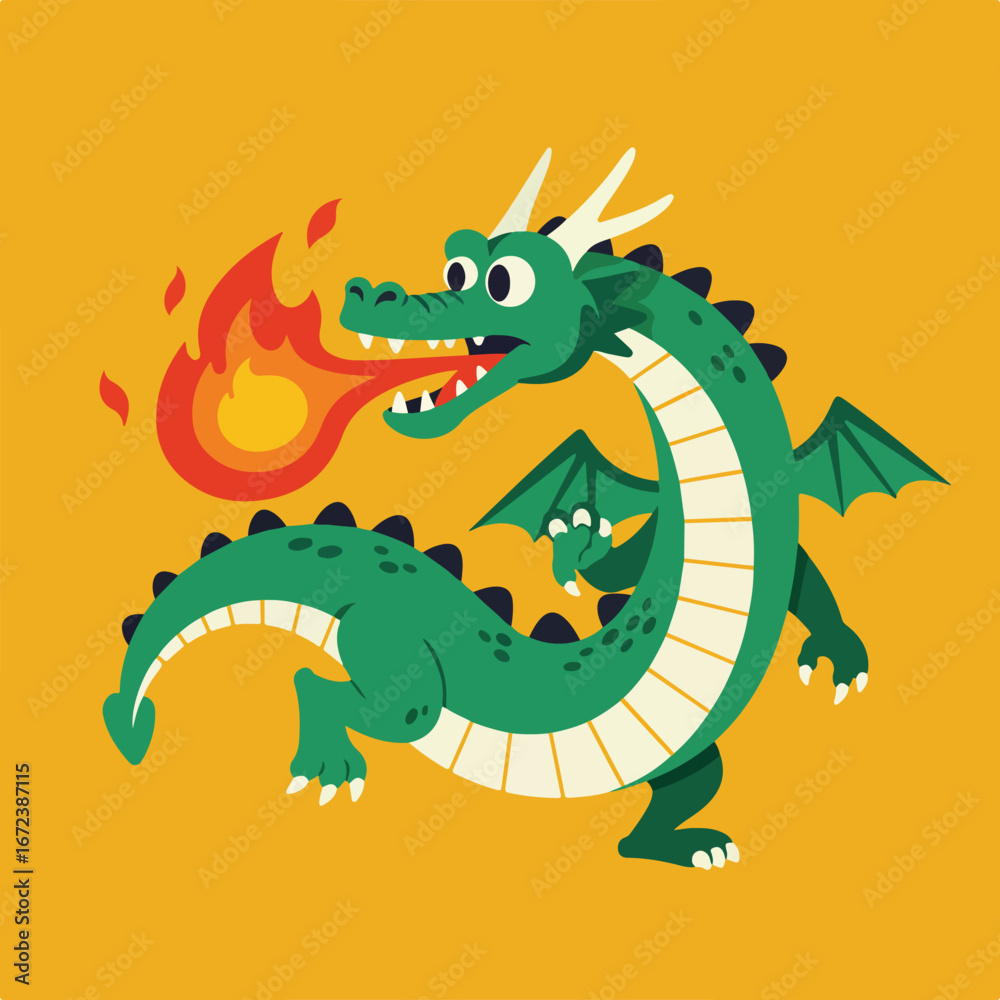 Fototapeta premium Dragon Breathing Fire Against an Orange Backdrop