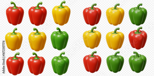 Collection of twelve vibrant bell peppers, showcasing red, yellow, and green varieties, arranged in a grid pattern.
