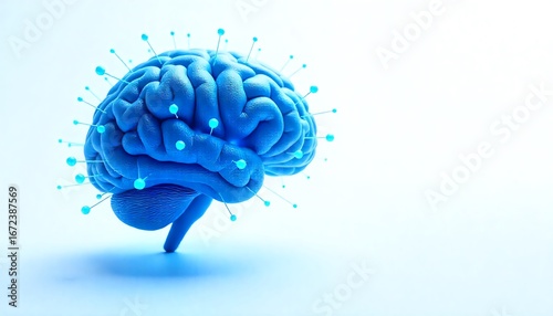 A detailed 3D illustration of a blue human brain showcases a digital concept with copy space