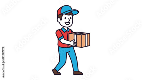 Delivery Hero's Journey: A diligent courier, cap askew, strides purposefully with a cardboard box, embodying the spirit of reliable service, this image captures the essence of fast.