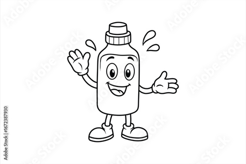The image shows a cartoon bottle character with a smiling face, arms, and legs. The character appears to be waving, adding a friendly and approachable element to the design.