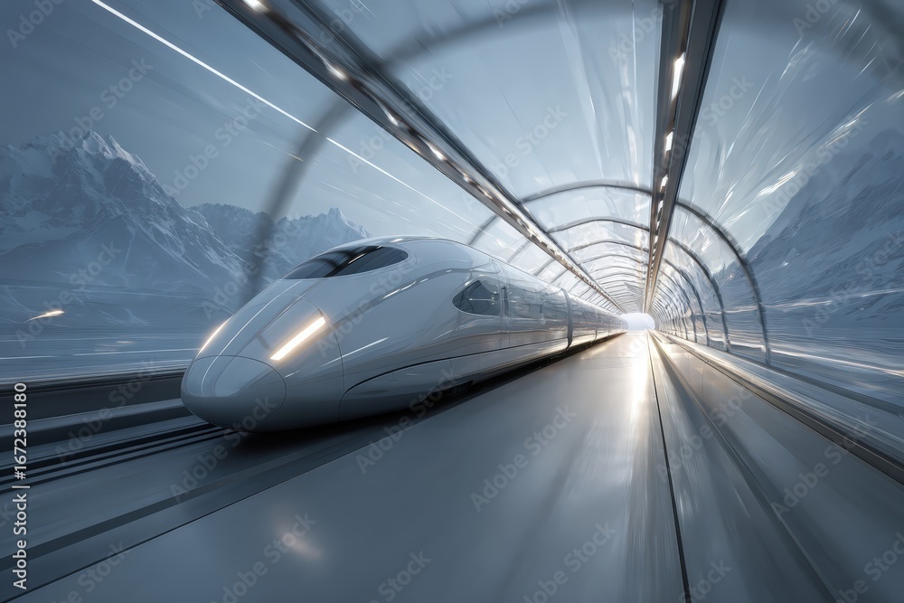Fototapeta premium Hyperloop travel pod racing through glass tunnel 