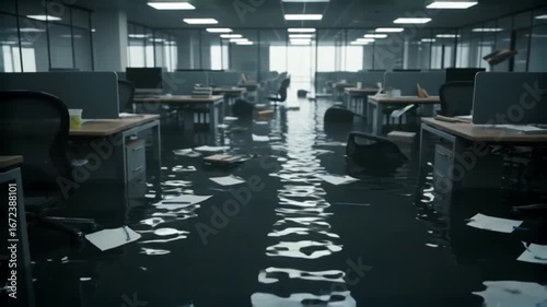 Flooded office space disruption, water damage, and aftermath