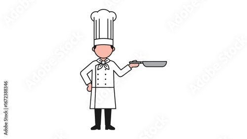 Culinary Maestro: An illustration of a chef, exuding culinary expertise, confidently presents a frying pan in a gesture of food preparation and artistic gastronomy.