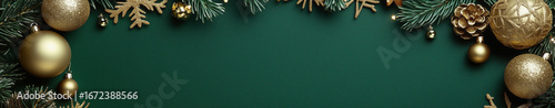 Green Christmas background with snowflakes and gold banner