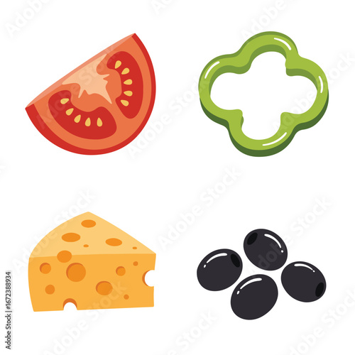 Pizza Topping Preparation Tomato, Pepper, Cheese, Olives on White Surface