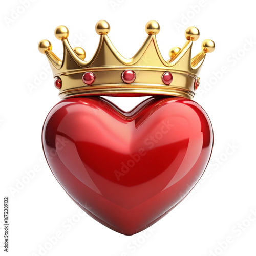 A large red heart wearing a gold crown with red jewels on black