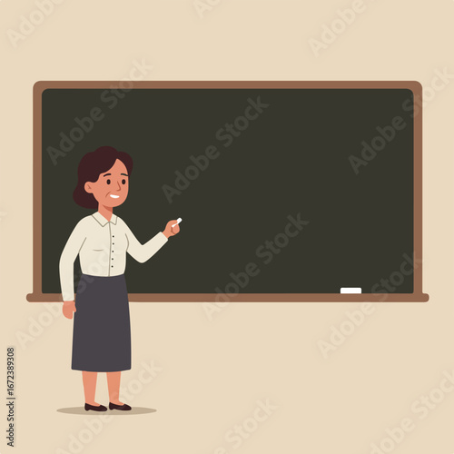 Teacher writes on chalkboard in classroom setting, educational illustration