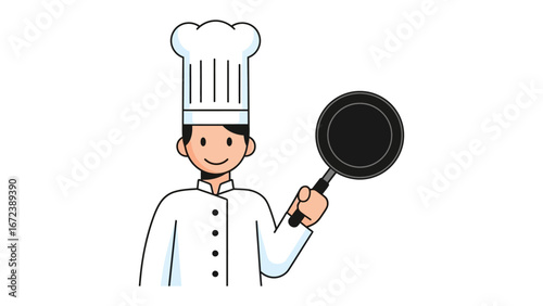 Culinary Artist: A cheerful chef, attired in a crisp white uniform and a towering toque, strikes a confident pose while holding a sleek black frying pan, ready to conjure a delightful dish.