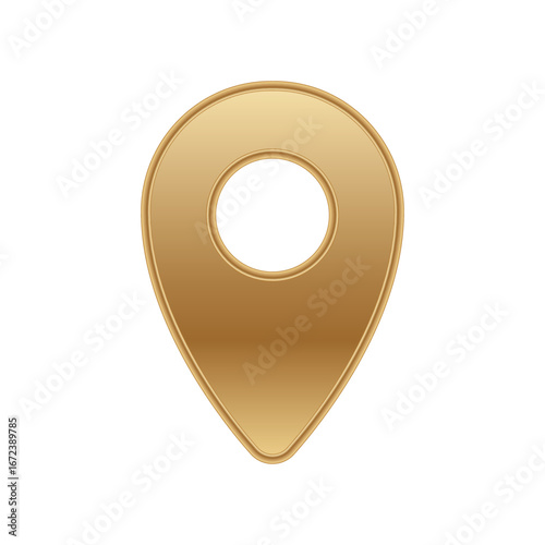 A glossy golden pin with a central hole, usually used to mark locations on maps and navigation apps.