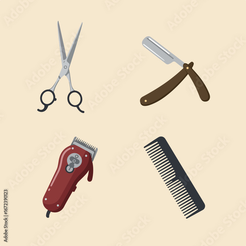 Styling Hair Set of Barber Tools on a Beige Background in a Flat Design