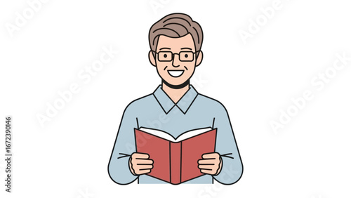 Reading Enthusiast: A charming illustration depicts a smiling individual engrossed in a captivating book, his glasses perched perfectly, highlighting the joy of learning. 