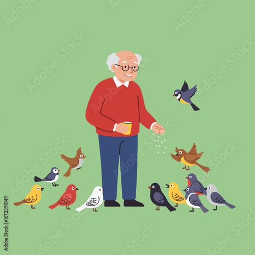 Elderly Man Feeding Birds in a Green Outdoors Setting