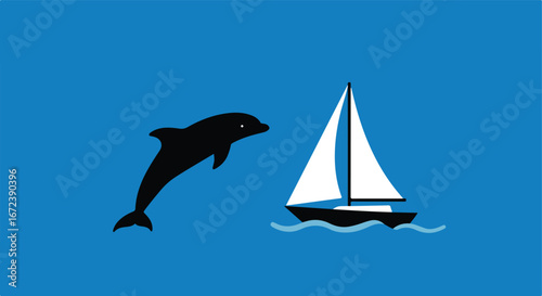 Dolphin Leaps Beside a Sailboat on the Open Ocean
