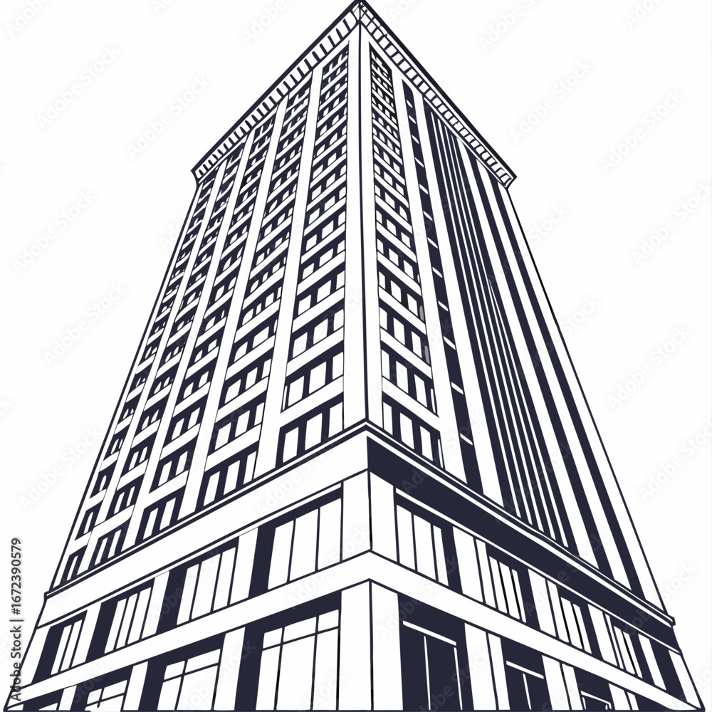 Fototapeta premium Tall Rectangular Skyscraper Line Art architecture building