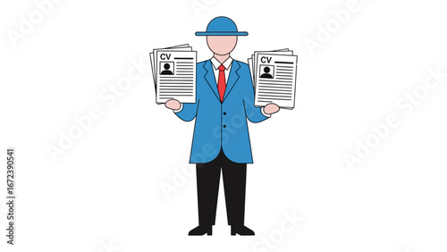 Employment seeker with curriculum vitae: An illustration of job searching, where a professional figure with a hat and a tie holds a curriculum vitae in hand.